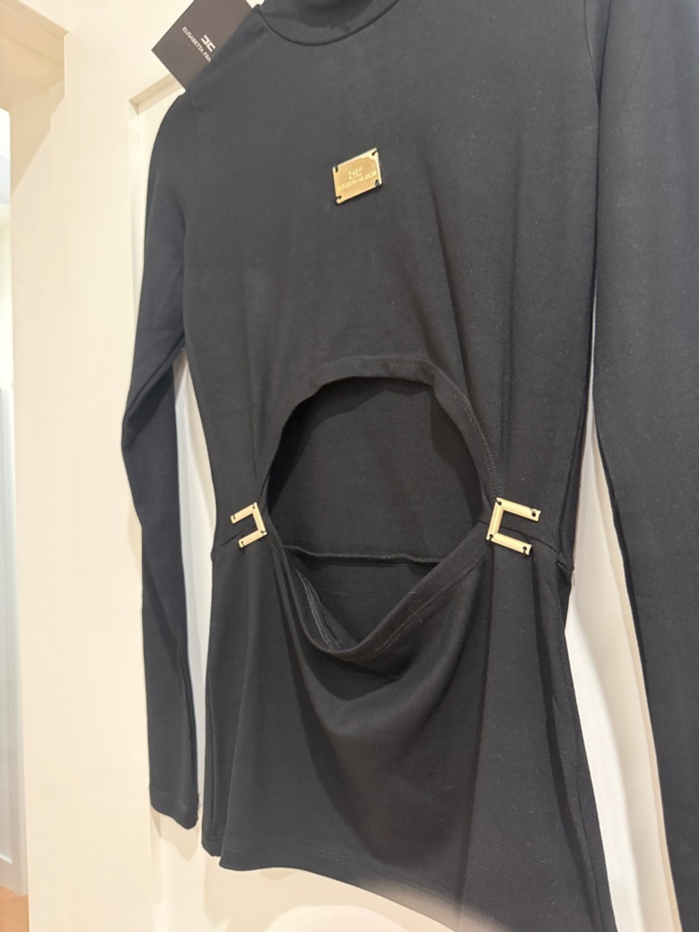 Black Long-Sleeve Cutout Mock Neck Top with Gold Hardware - Picture 6 of 9
